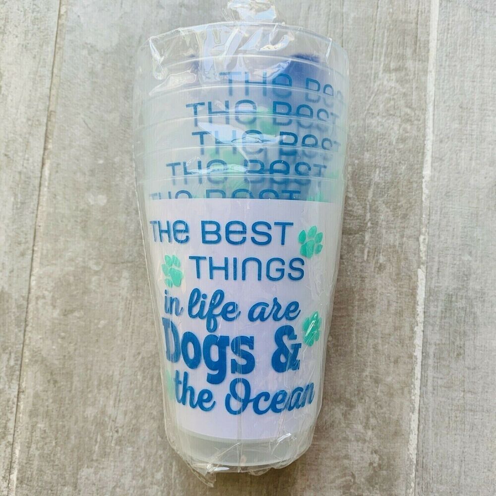 10oz 6pcs Reusable Shatterproof Plastic Cups Dishwasher Safe DOG & OCEAN Travel